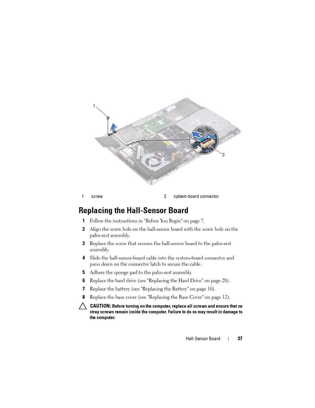 Dell XPS 14Z owner manual Replacing the Hall-Sensor Board 