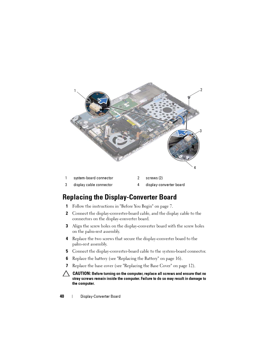 Dell XPS 14Z owner manual Replacing the Display-Converter Board 