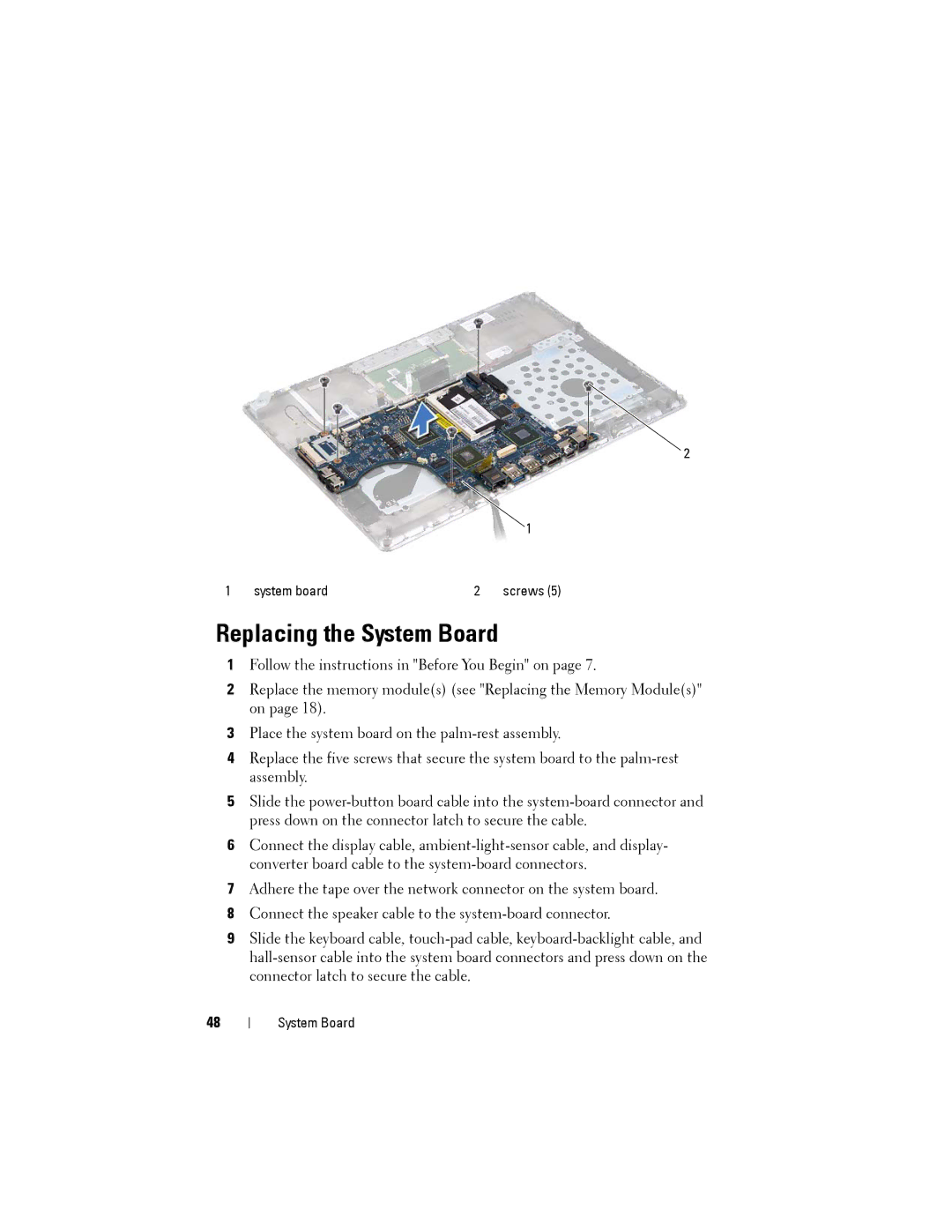 Dell XPS 14Z owner manual Replacing the System Board 