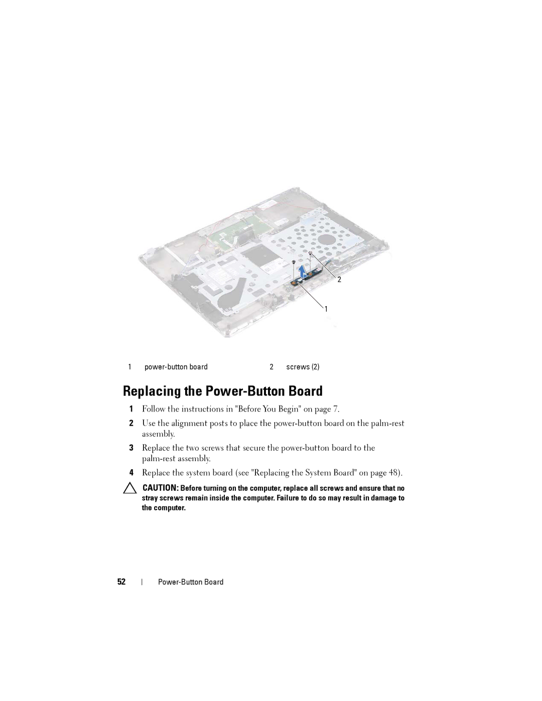 Dell XPS 14Z owner manual Replacing the Power-Button Board 