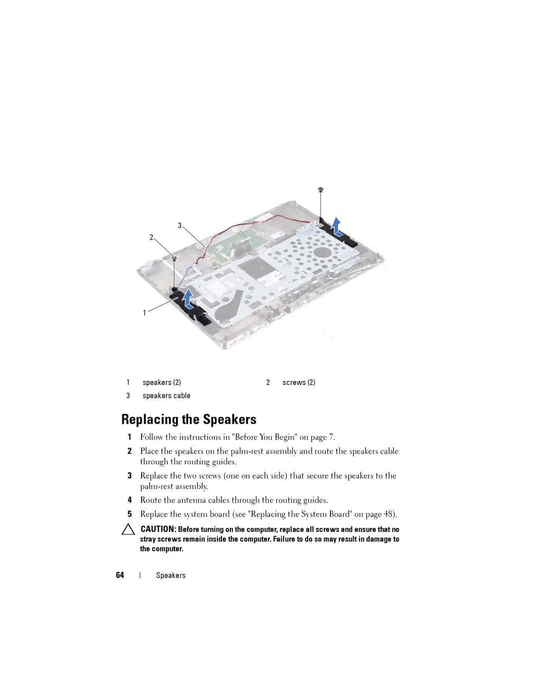 Dell XPS 14Z owner manual Replacing the Speakers 