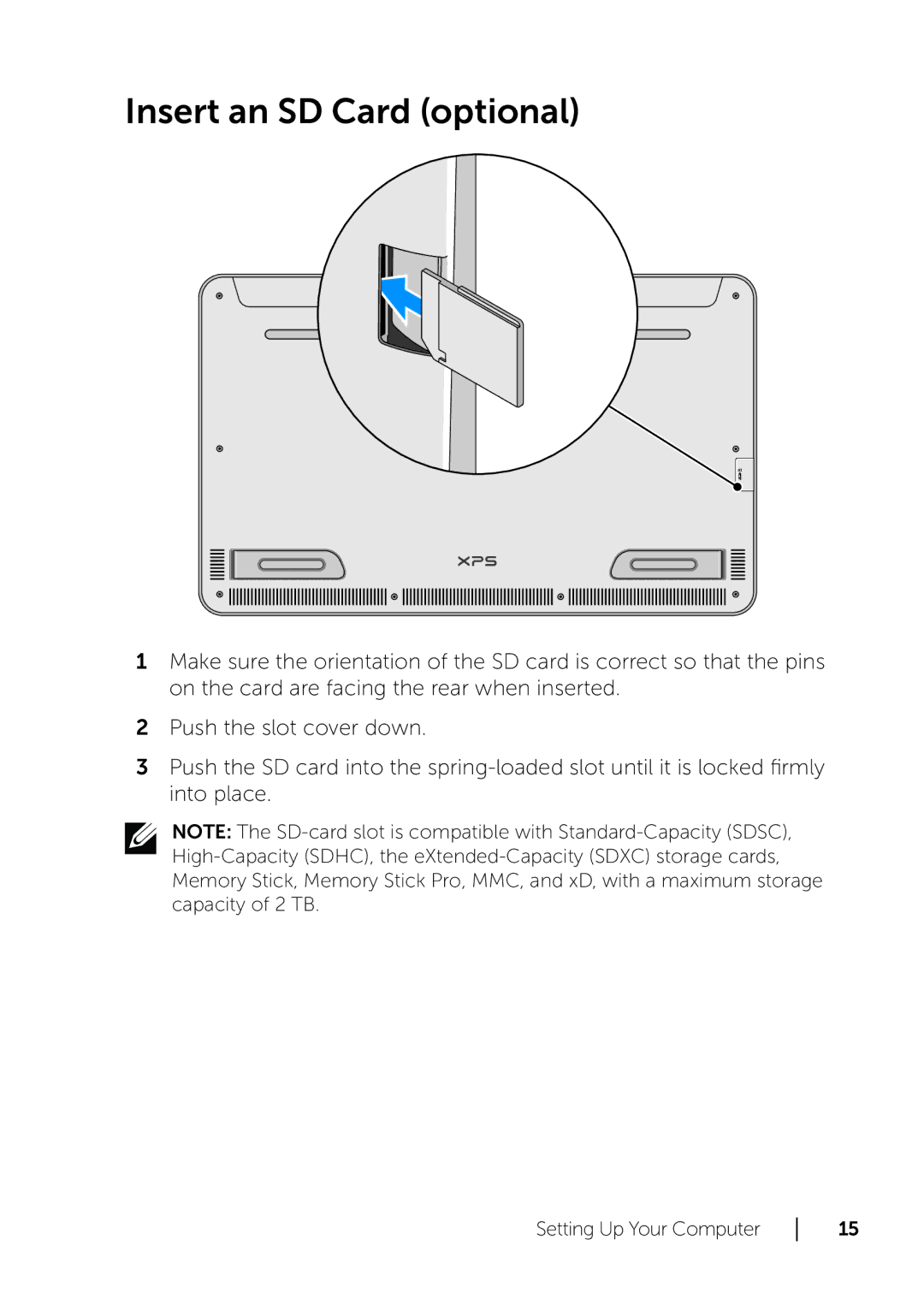 Dell XPS 18 user manual Insert an SD Card optional 