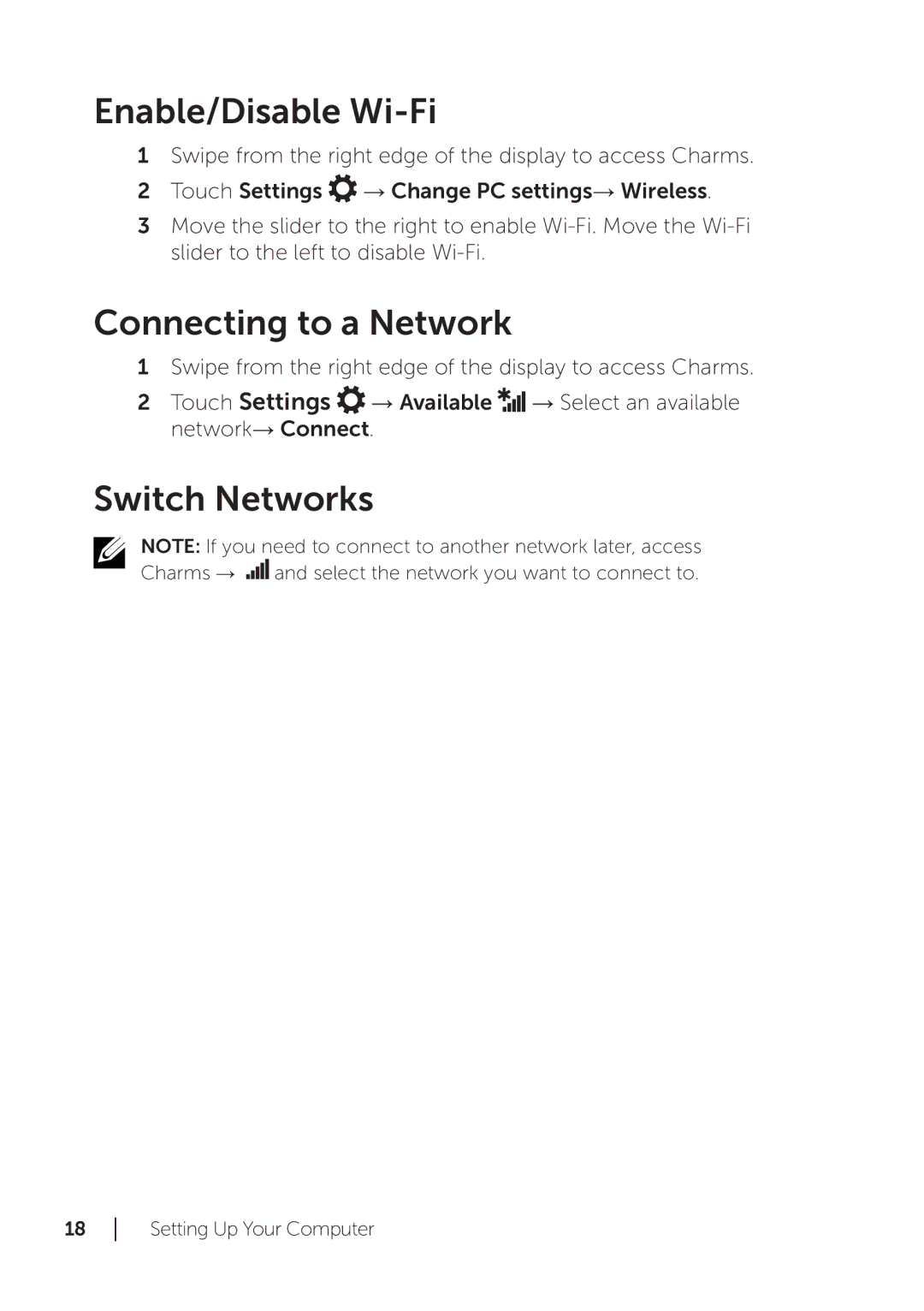 Dell XPS 18 user manual Enable/Disable Wi-Fi, Connecting to a Network, Switch Networks 