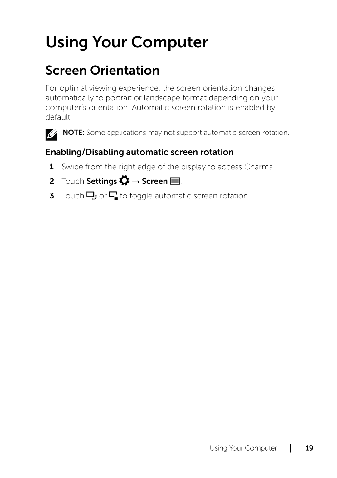 Dell XPS 18 user manual Using Your Computer, Screen Orientation, Enabling/Disabling automatic screen rotation 