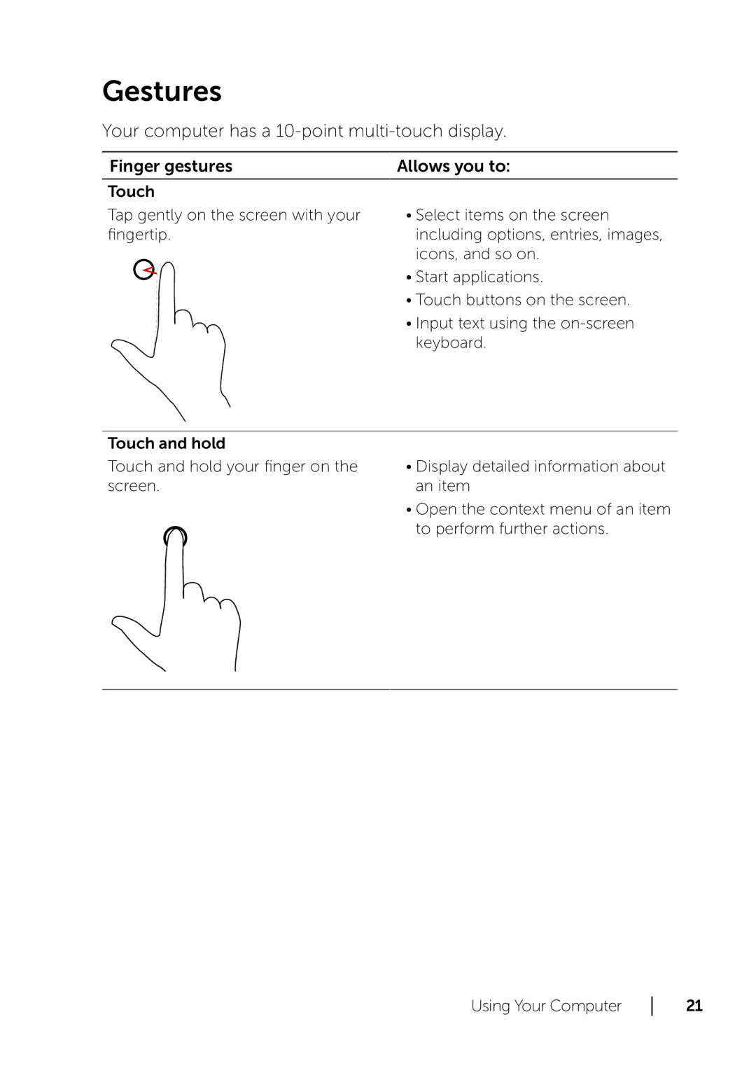 Dell XPS 18 user manual Gestures 