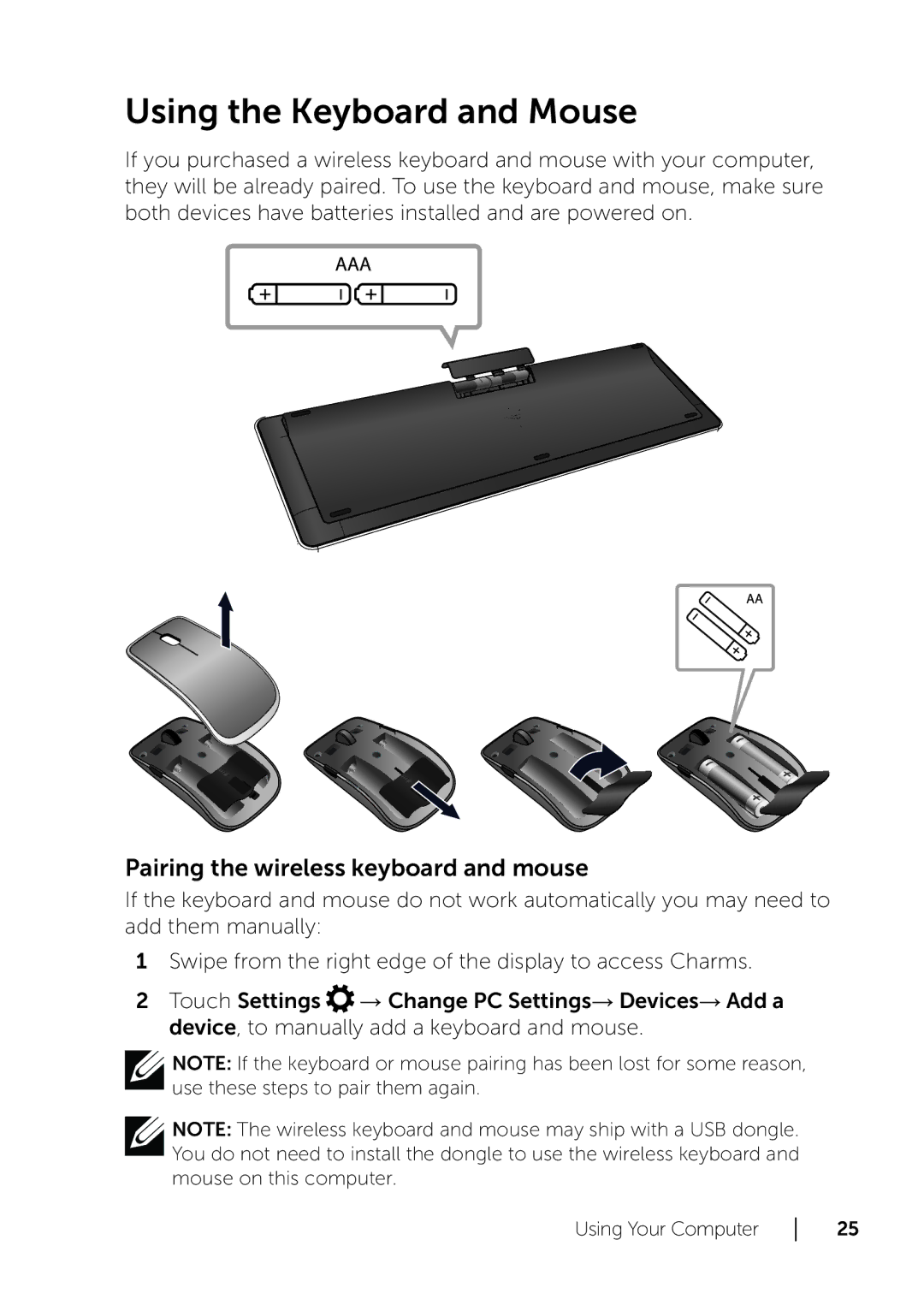 Dell XPS 18 user manual Using the Keyboard and Mouse, Pairing the wireless keyboard and mouse 