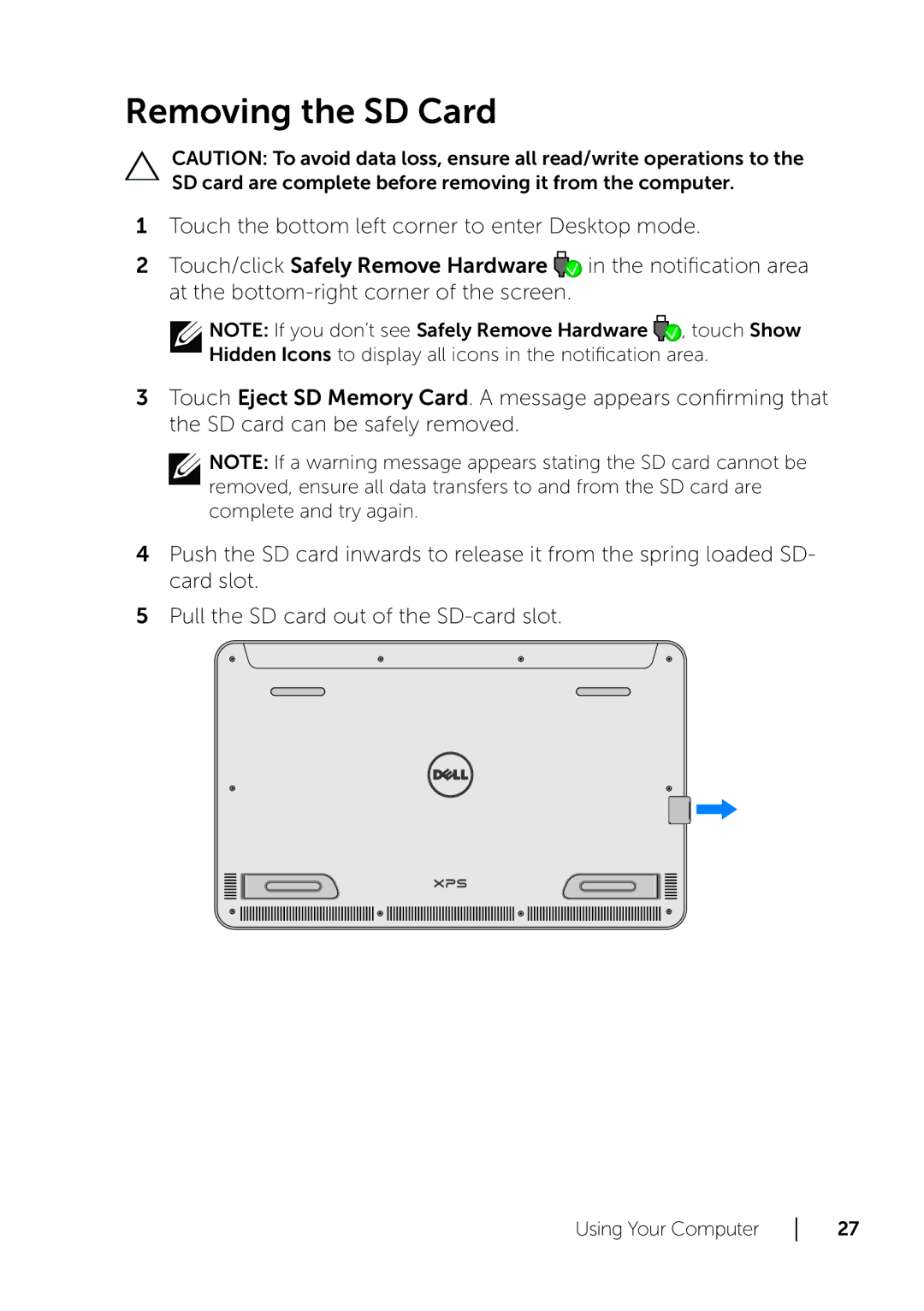 Dell XPS 18 user manual Removing the SD Card 