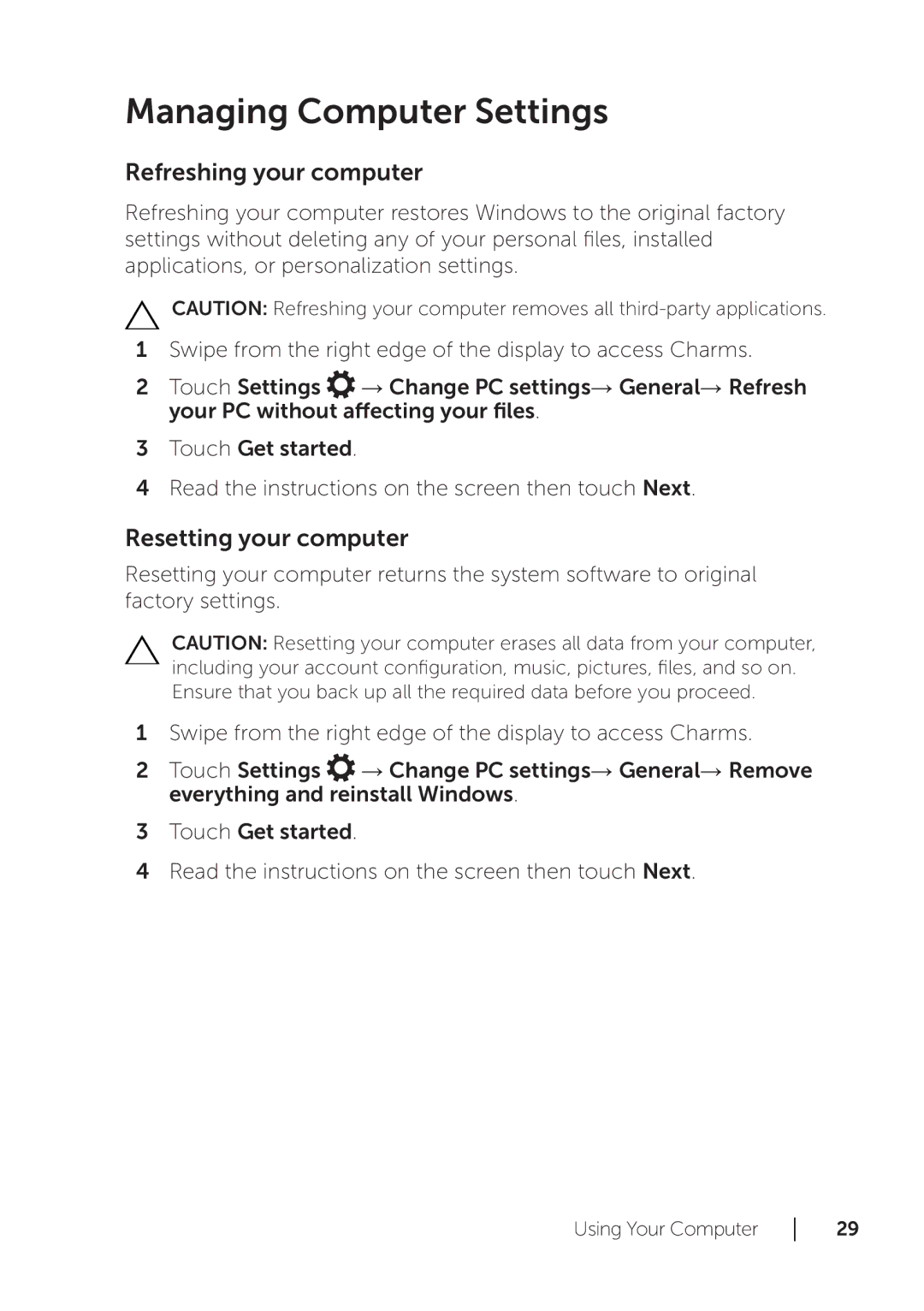 Dell XPS 18 user manual Managing Computer Settings, Refreshing your computer, Resetting your computer 