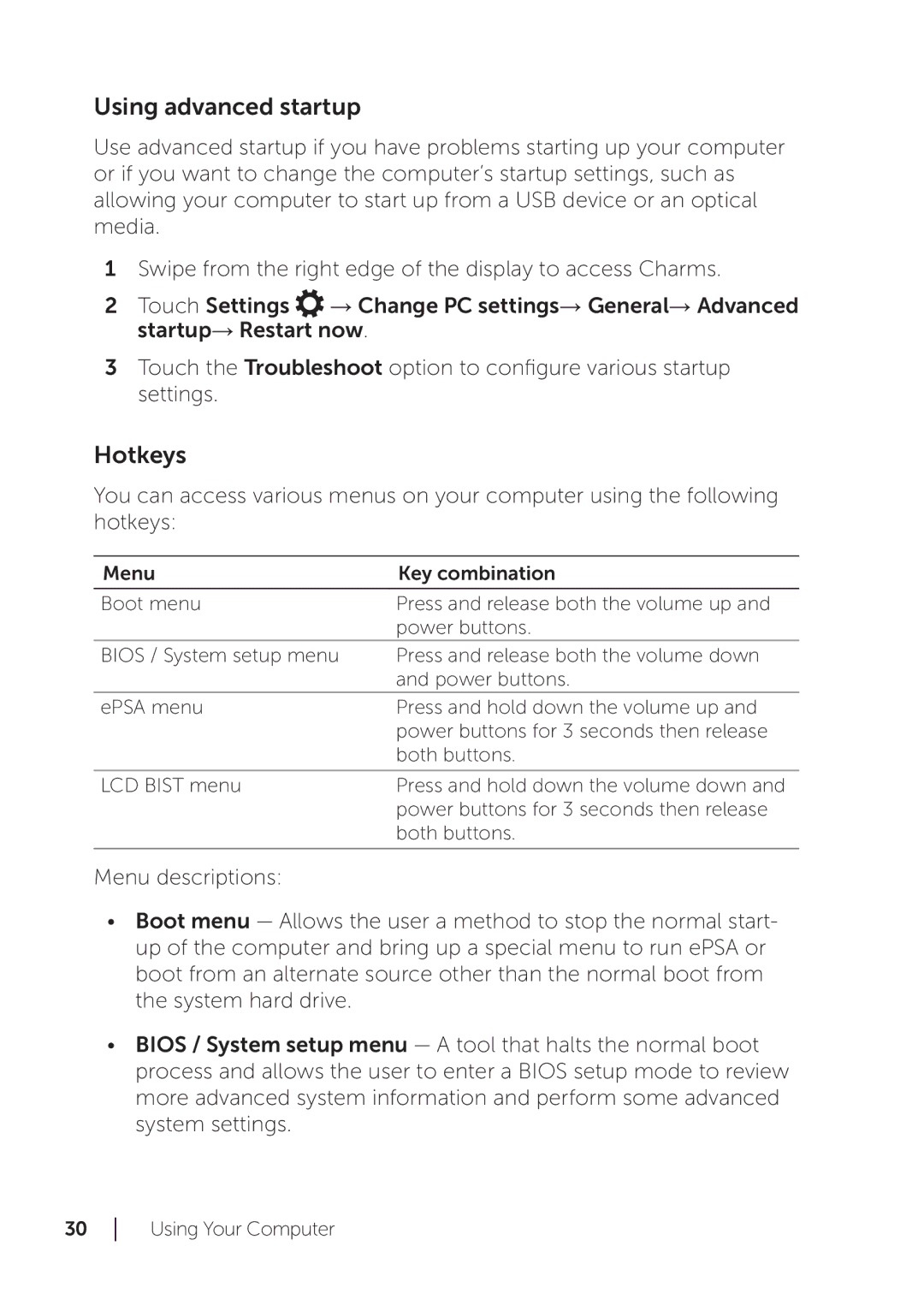 Dell XPS 18 user manual Using advanced startup, Hotkeys 