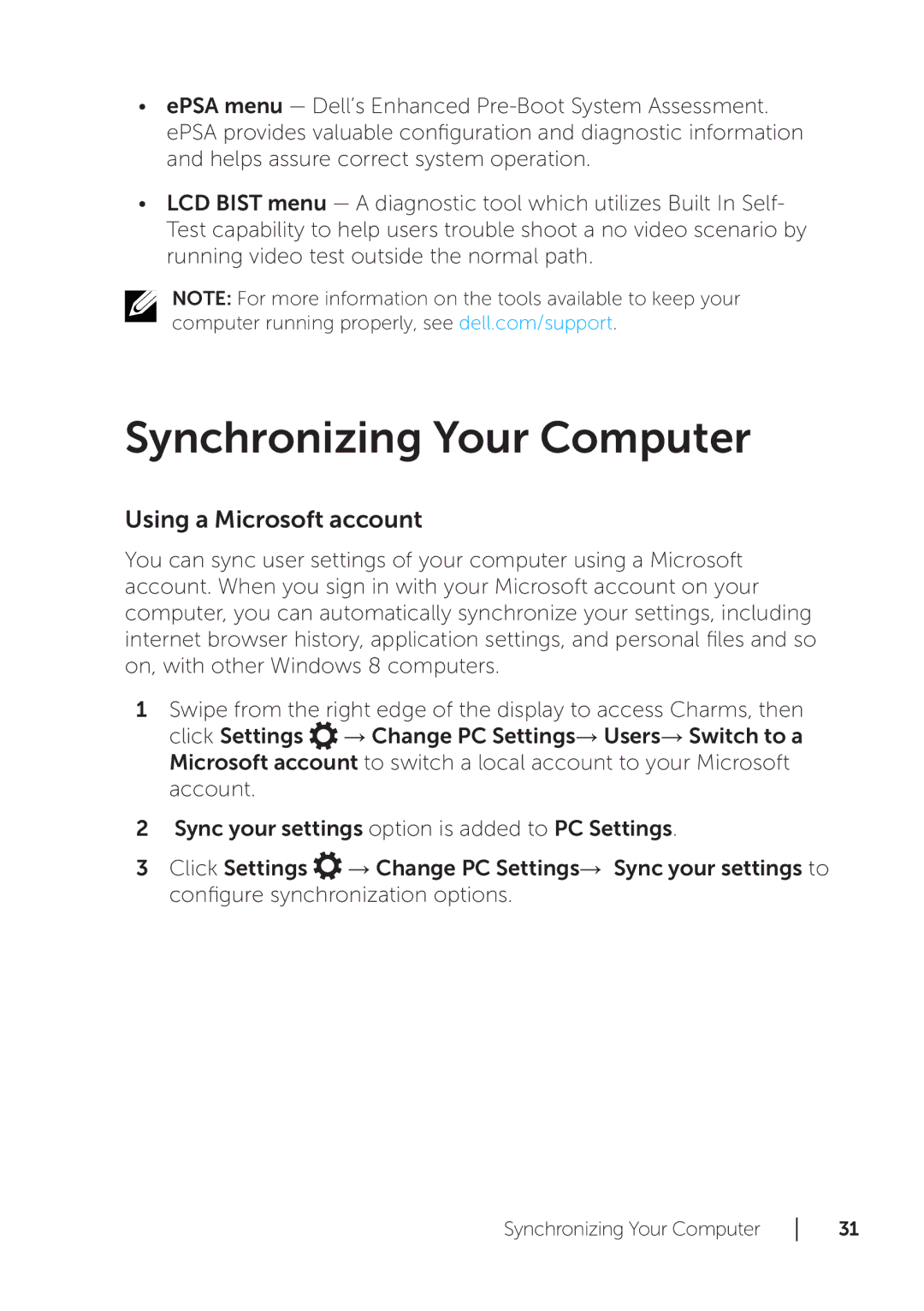 Dell XPS 18 user manual Synchronizing Your Computer, Using a Microsoft account 