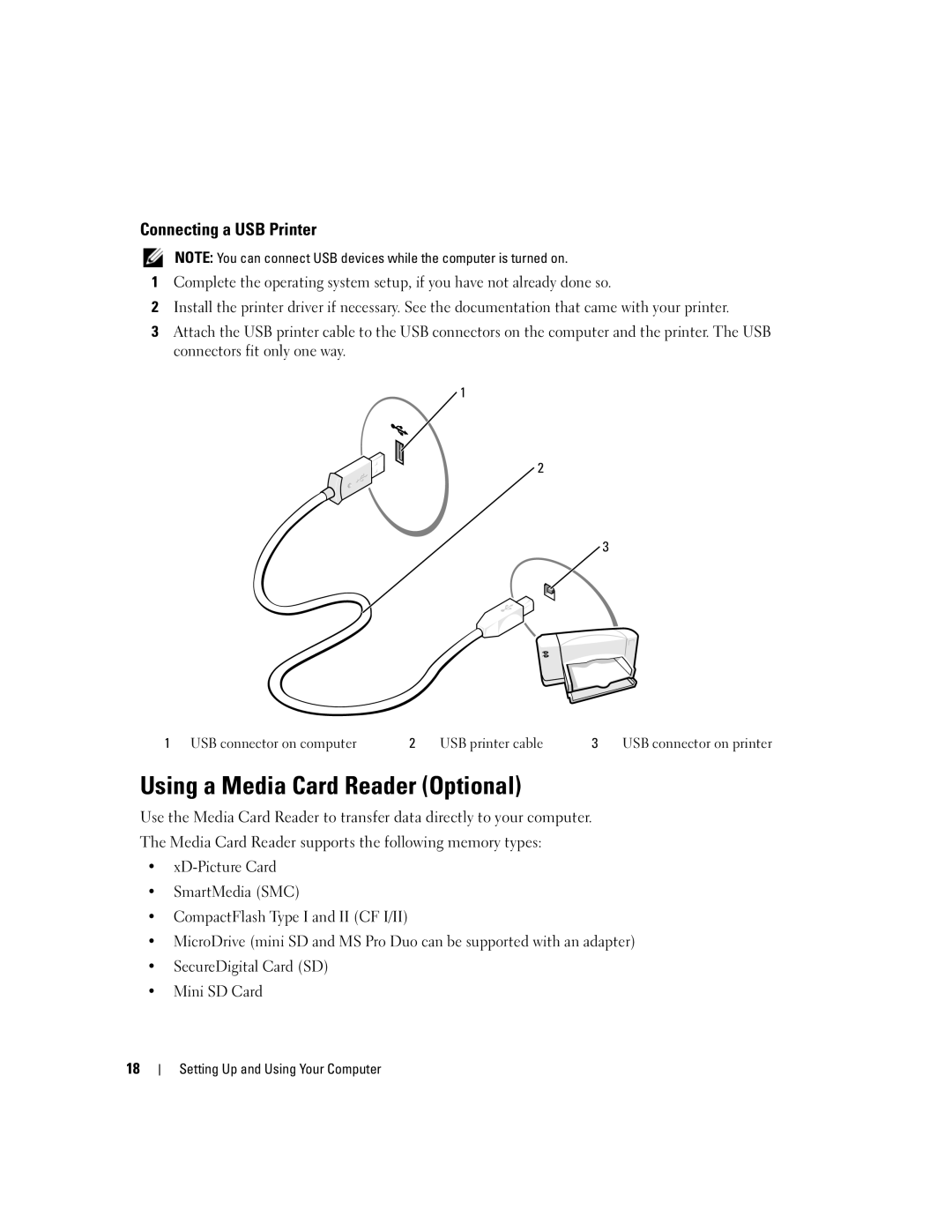 Dell XPS 210 manual Using a Media Card Reader Optional, Connecting a USB Printer 