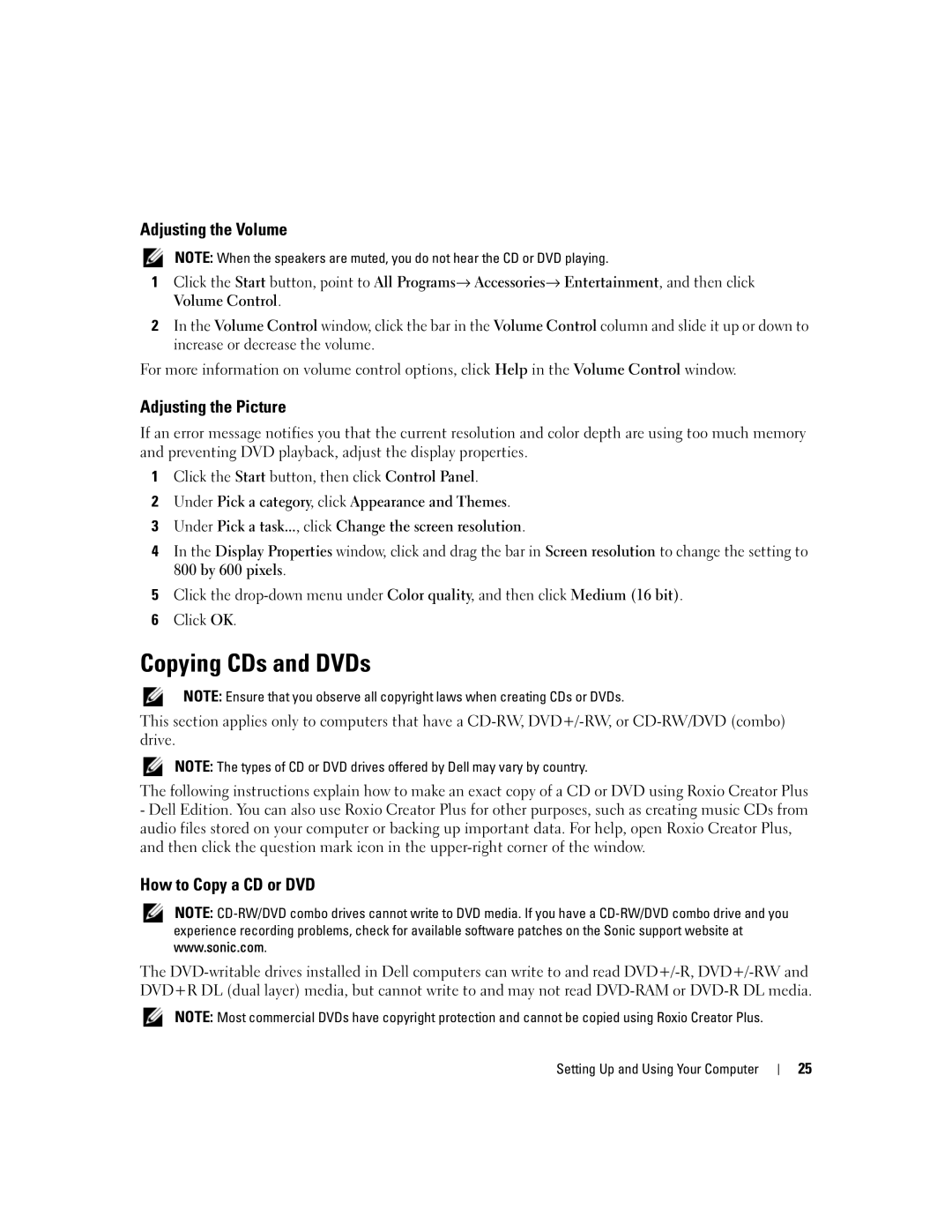 Dell XPS 210 manual Copying CDs and DVDs, Adjusting the Volume, Adjusting the Picture, How to Copy a CD or DVD 