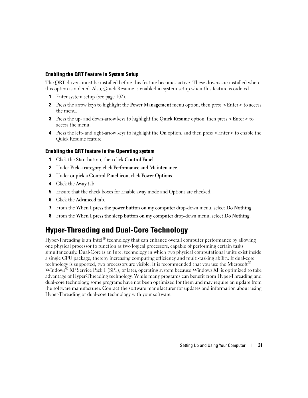 Dell XPS 210 manual Hyper-Threading and Dual-Core Technology, Enabling the QRT Feature in System Setup 