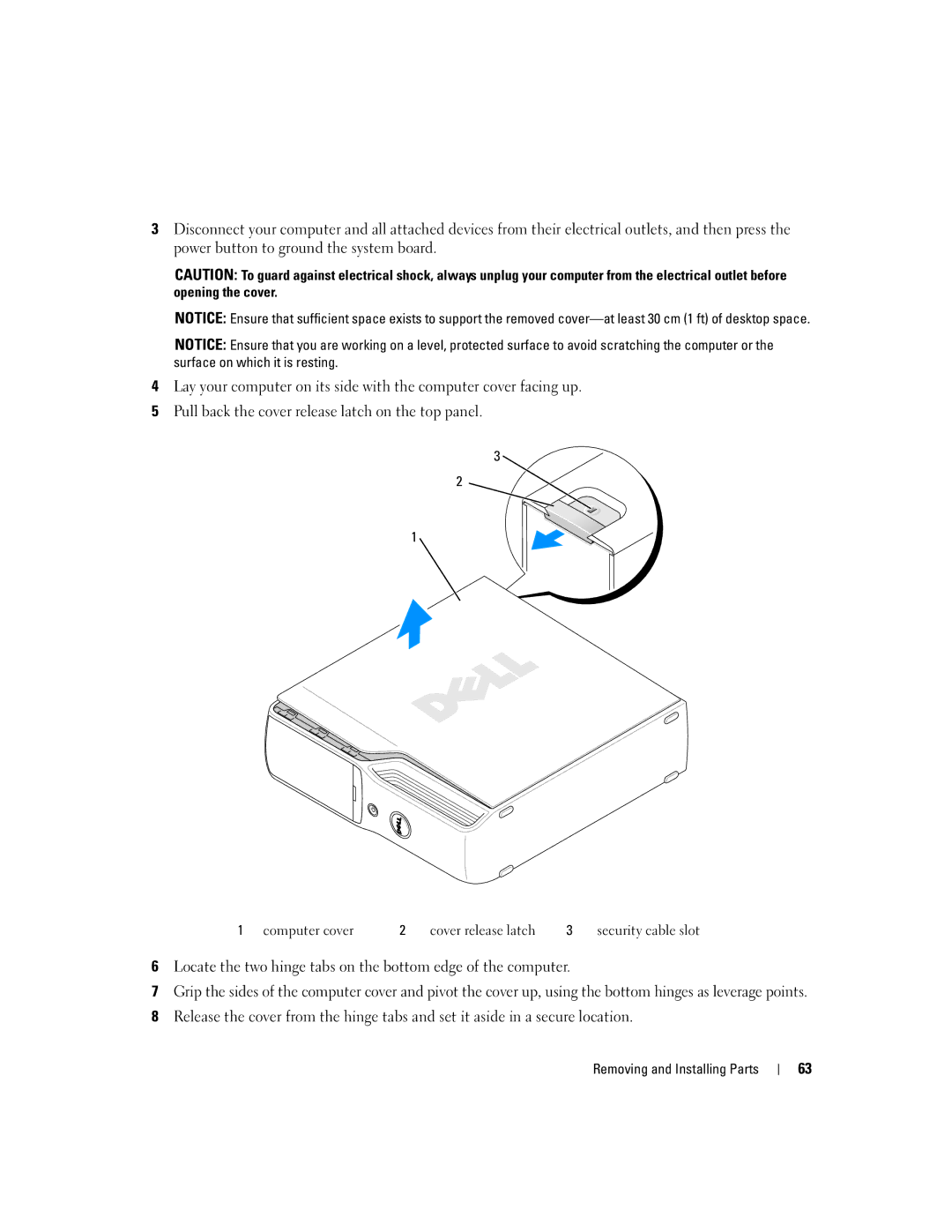 Dell XPS 210 manual Computer cover Cover release latch Security cable slot 