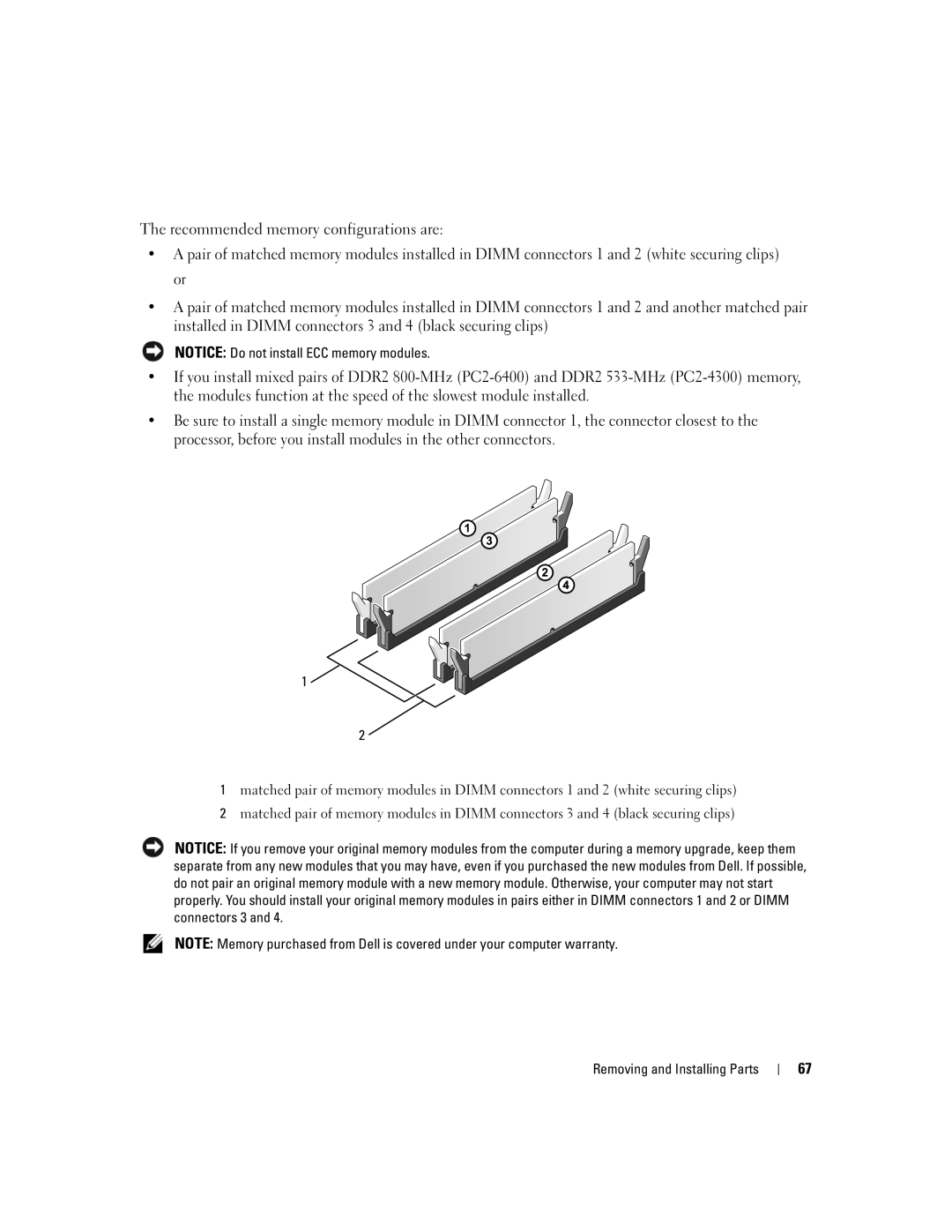 Dell XPS 210 manual Recommended memory configurations are 