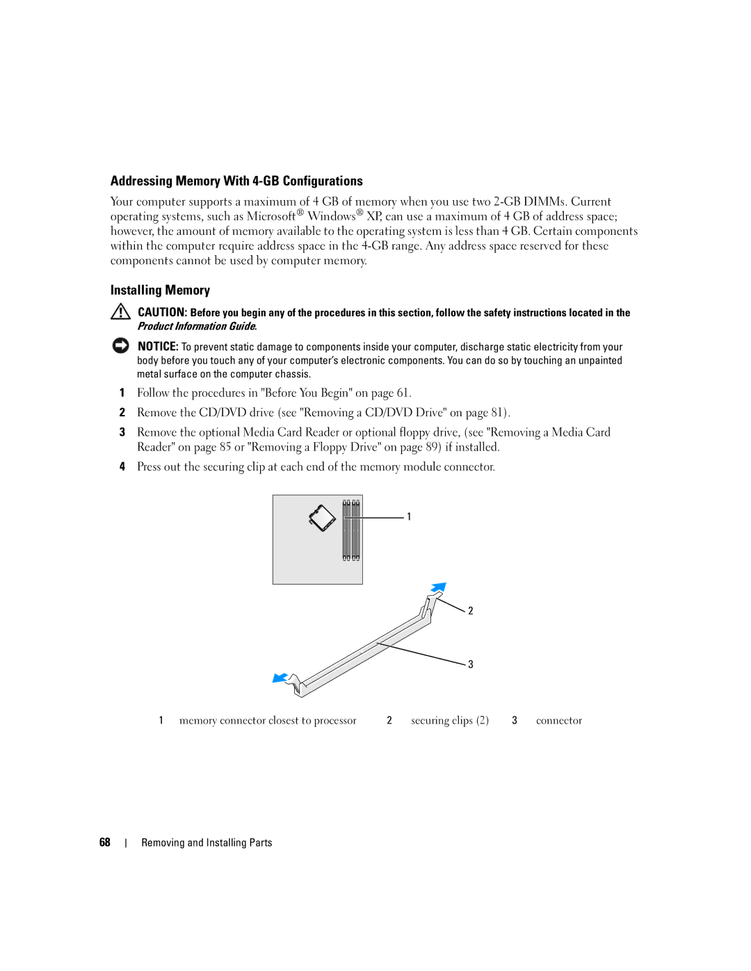 Dell XPS 210 manual Addressing Memory With 4-GB Configurations, Installing Memory 