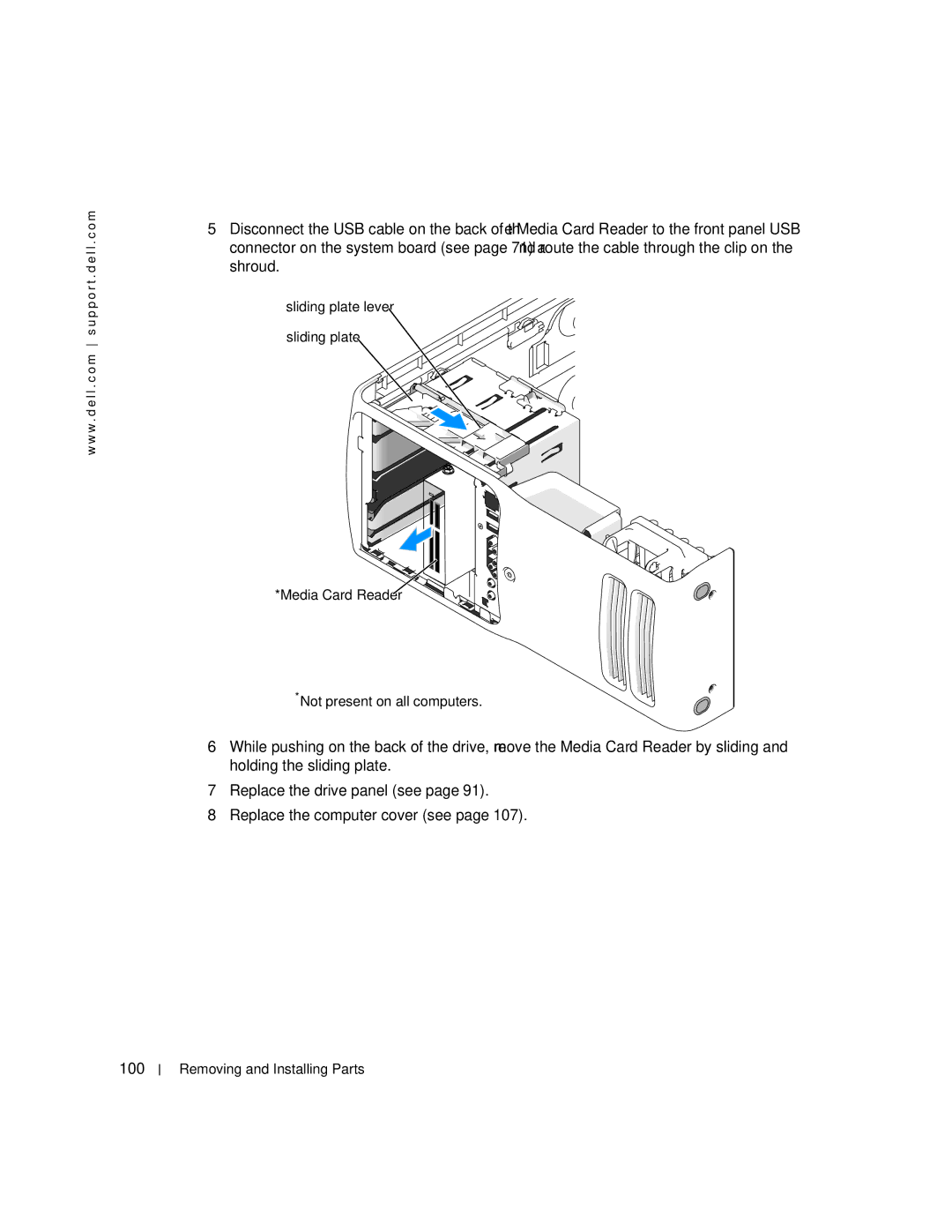 Dell XPS 400 owner manual 100, Media Card Reader Not present on all computers 