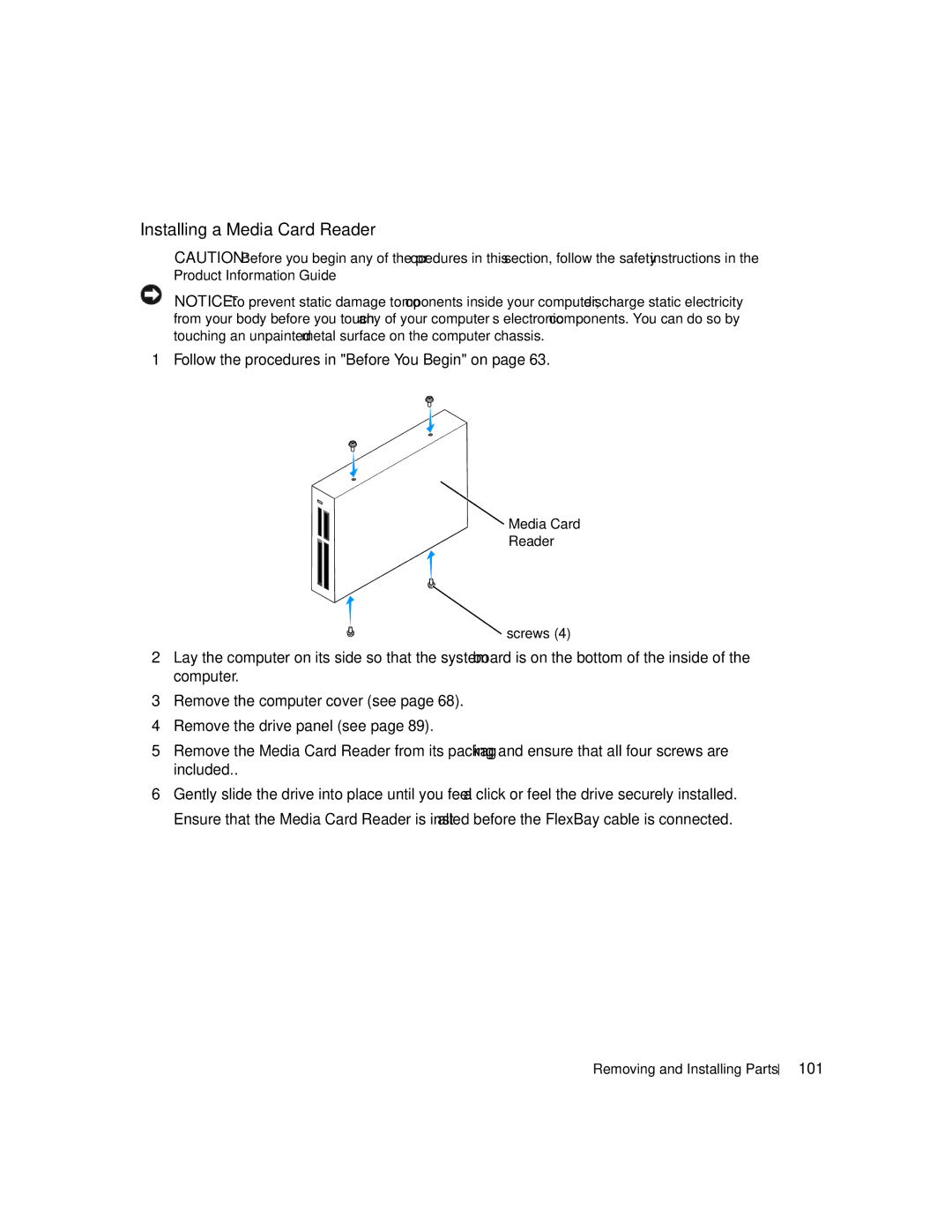 Dell XPS 400 owner manual Installing a Media Card Reader, 101, Media Card Reader Screws 