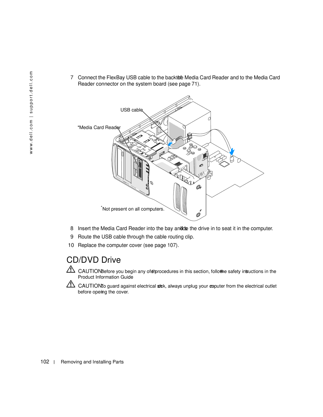 Dell XPS 400 owner manual CD/DVD Drive, 102, USB cable Media Card Reader Not present on all computers 