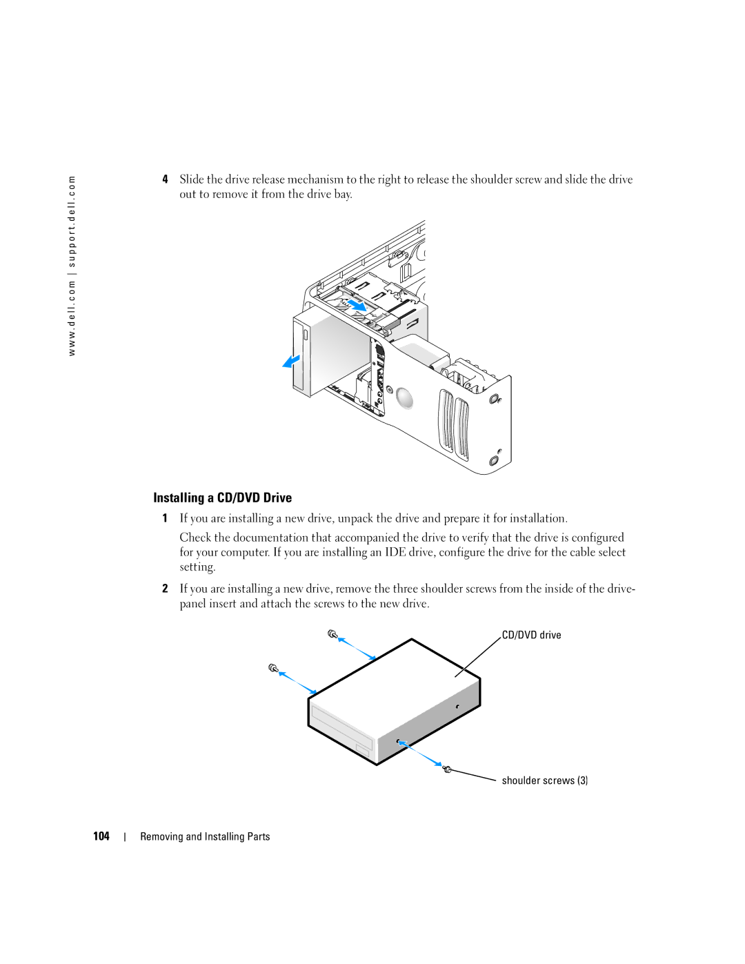 Dell XPS 400 owner manual Installing a CD/DVD Drive, 104, CD/DVD drive Shoulder screws 