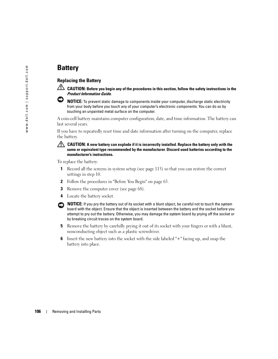 Dell XPS 400 owner manual Replacing the Battery, 106 