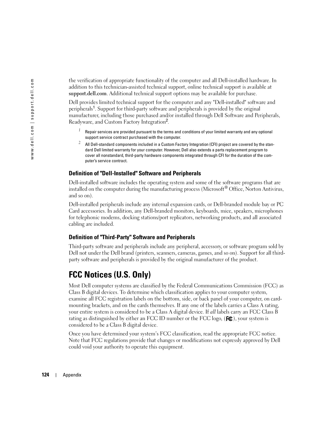 Dell XPS 400 owner manual FCC Notices U.S. Only, Definition of Dell-Installed Software and Peripherals, 124 