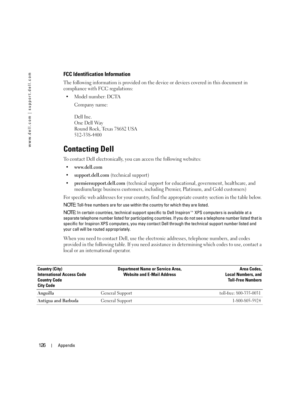 Dell XPS 400 owner manual Contacting Dell, FCC Identification Information, 126 