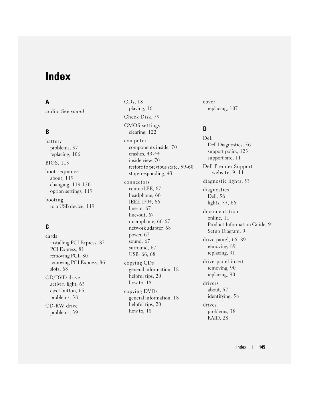 Dell XPS 400 owner manual Index 145 