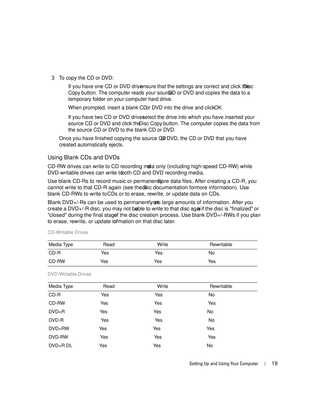 Dell XPS 400 owner manual Using Blank CDs and DVDs, Media Type Read Write Rewritable 