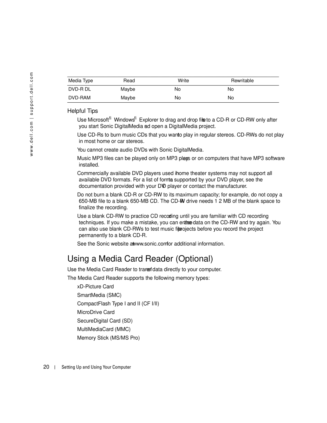 Dell XPS 400 owner manual Using a Media Card Reader Optional, Helpful Tips 