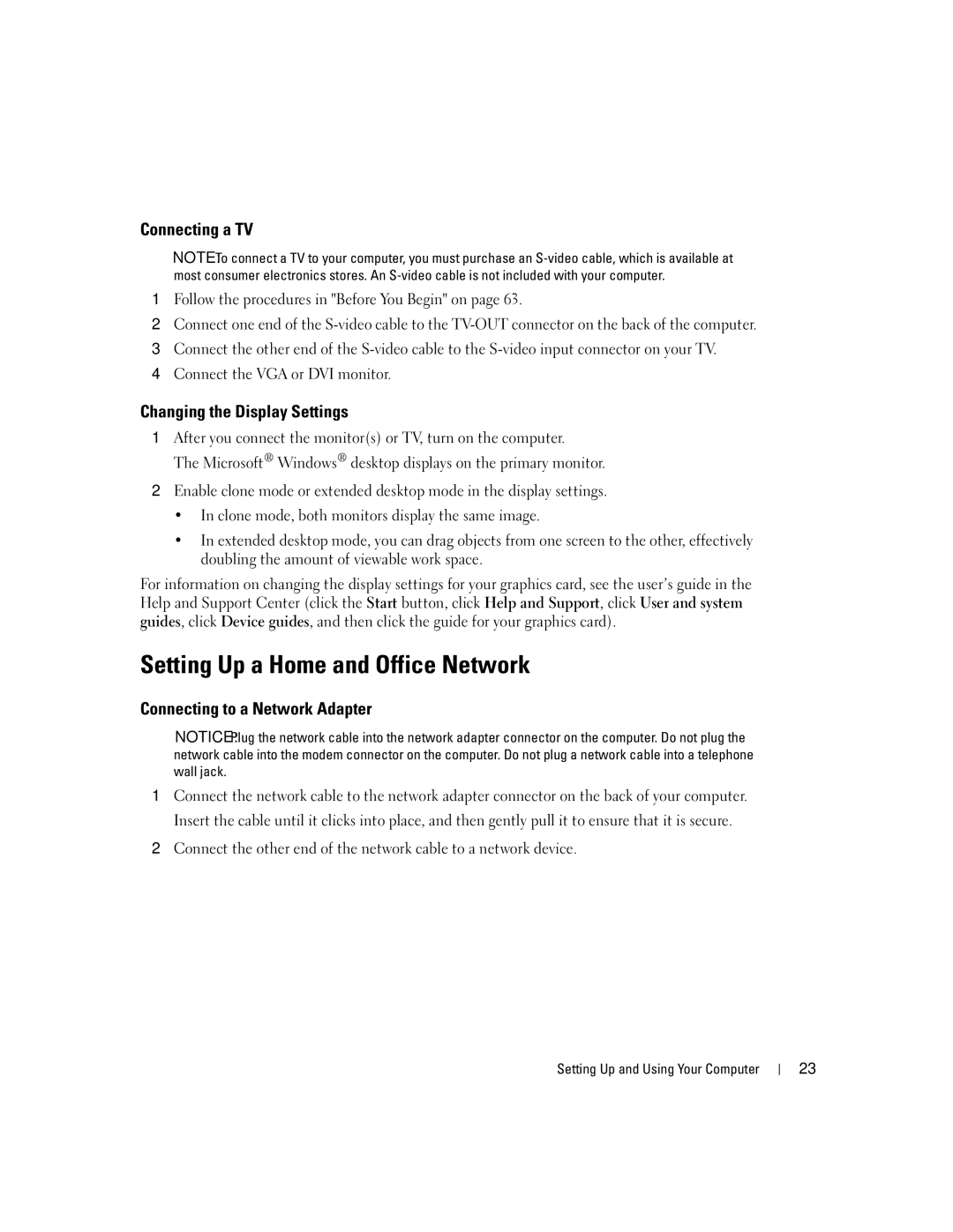 Dell XPS 400 owner manual Setting Up a Home and Office Network, Connecting a TV, Changing the Display Settings 