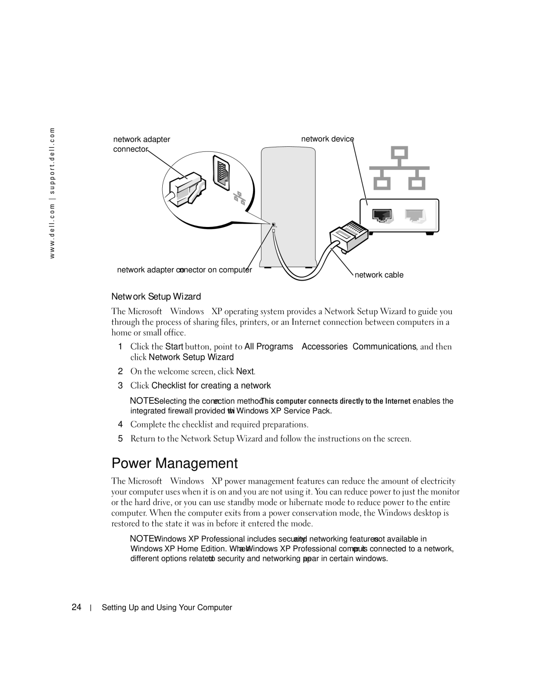 Dell XPS 400 Power Management, Network Setup Wizard, Connector Network adapter connector on computer, Network cable 