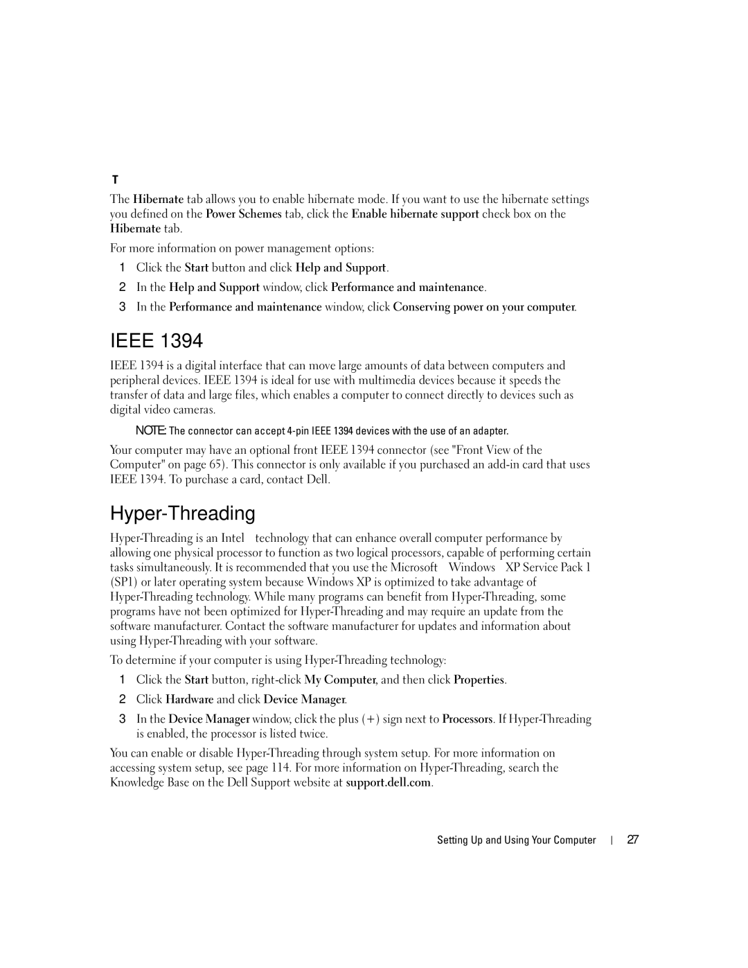 Dell XPS 400 owner manual Ieee, Hyper-Threading, Hibernate Tab 