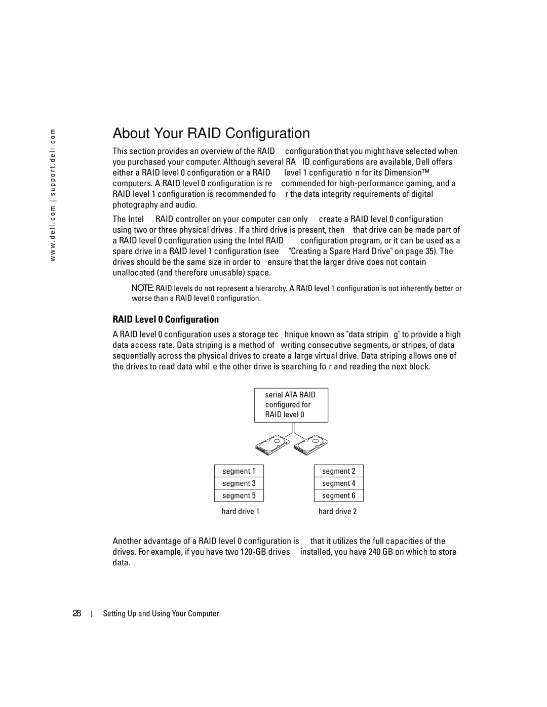 Dell XPS 400 owner manual About Your RAID Configuration, RAID Level 0 Configuration, Segment, Hard drive 