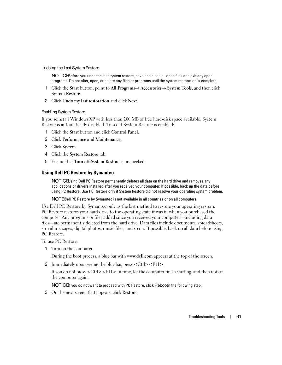 Dell XPS 400 owner manual Using Dell PC Restore by Symantec, Undoing the Last System Restore, Enabling System Restore 