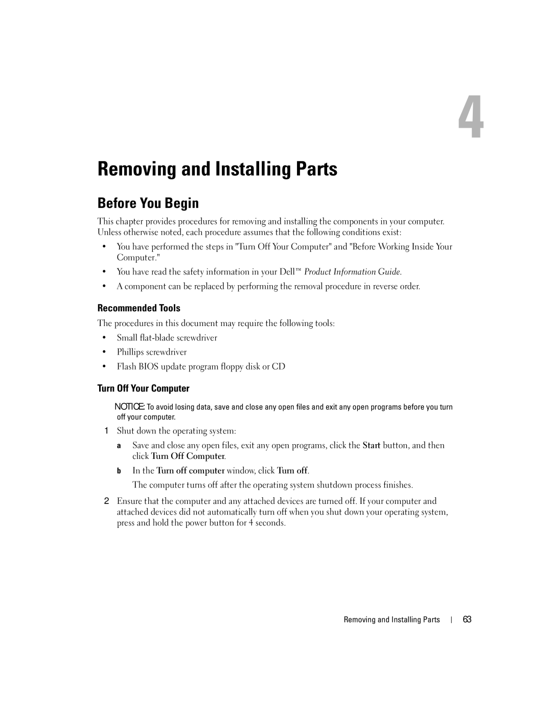 Dell XPS 400 owner manual Before You Begin, Recommended Tools, Turn Off Your Computer, Removing and Installing Parts 