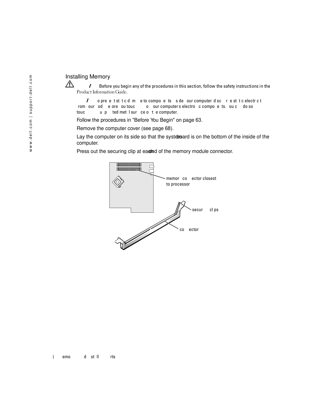 Dell XPS 400 owner manual Installing Memory, To processor, Securing clips Connector Removing and Installing Parts 