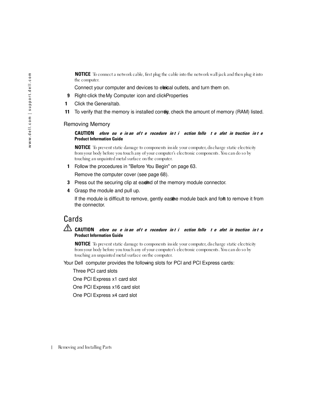 Dell XPS 400 owner manual Cards, Removing Memory 