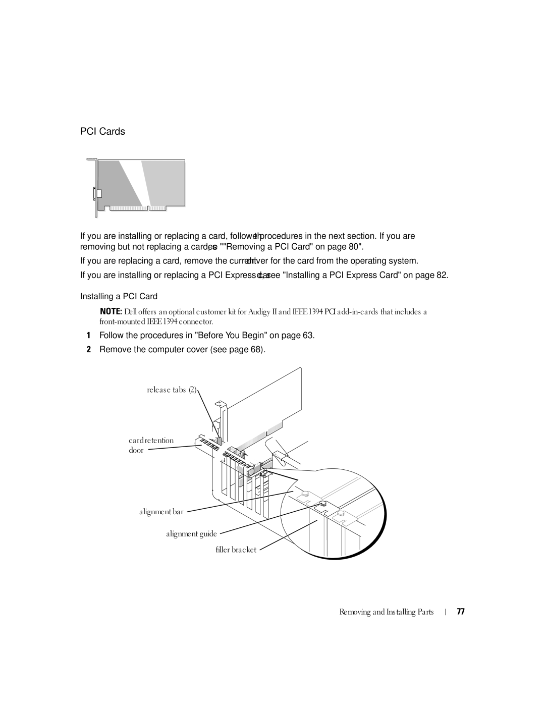 Dell XPS 400 owner manual PCI Cards, Installing a PCI Card 