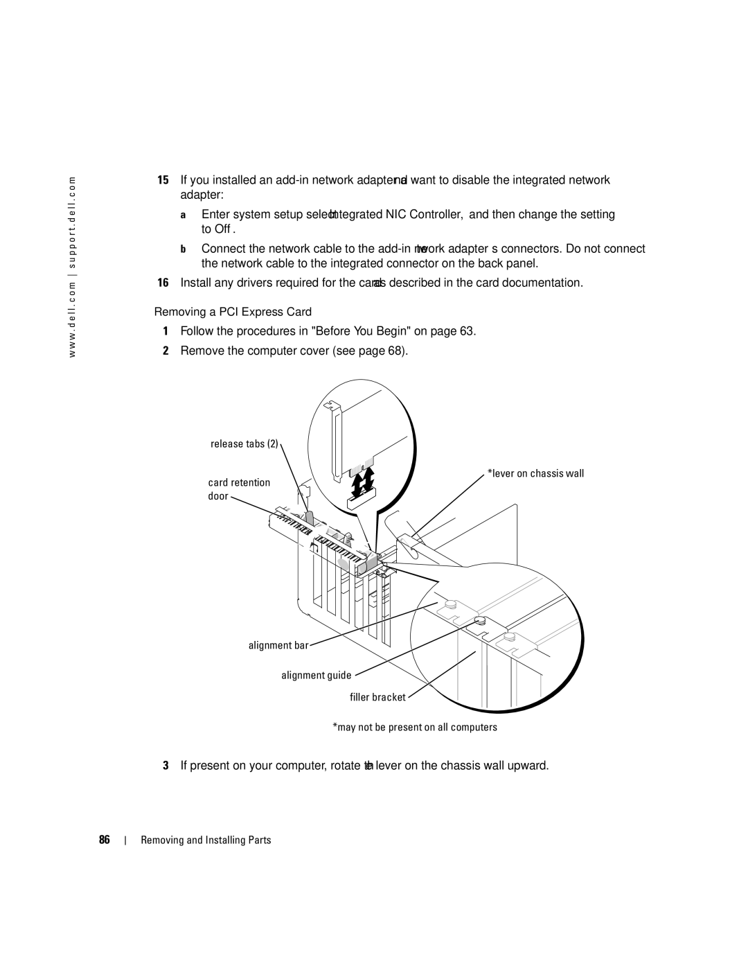 Dell XPS 400 owner manual Removing a PCI Express Card, Release tabs Lever on chassis wall 