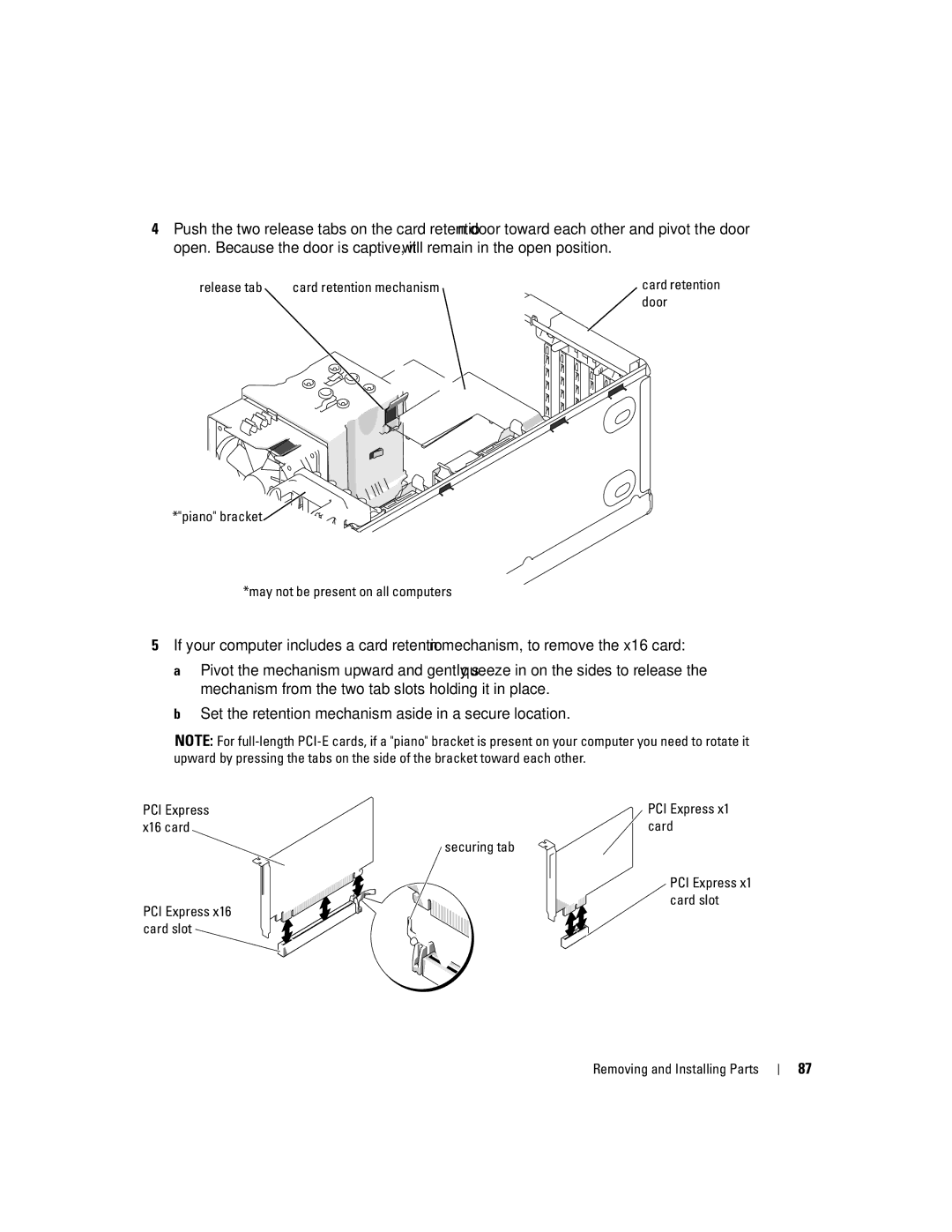 Dell XPS 400 Release tab Card retention mechanism, Door, Piano bracket May not be present on all computers, PCI Express 