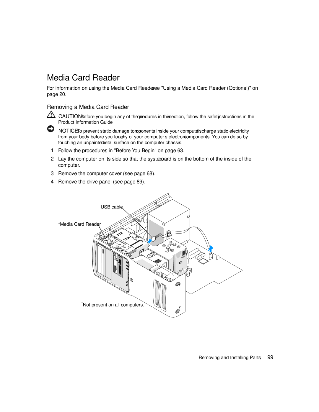 Dell XPS 400 owner manual Removing a Media Card Reader 