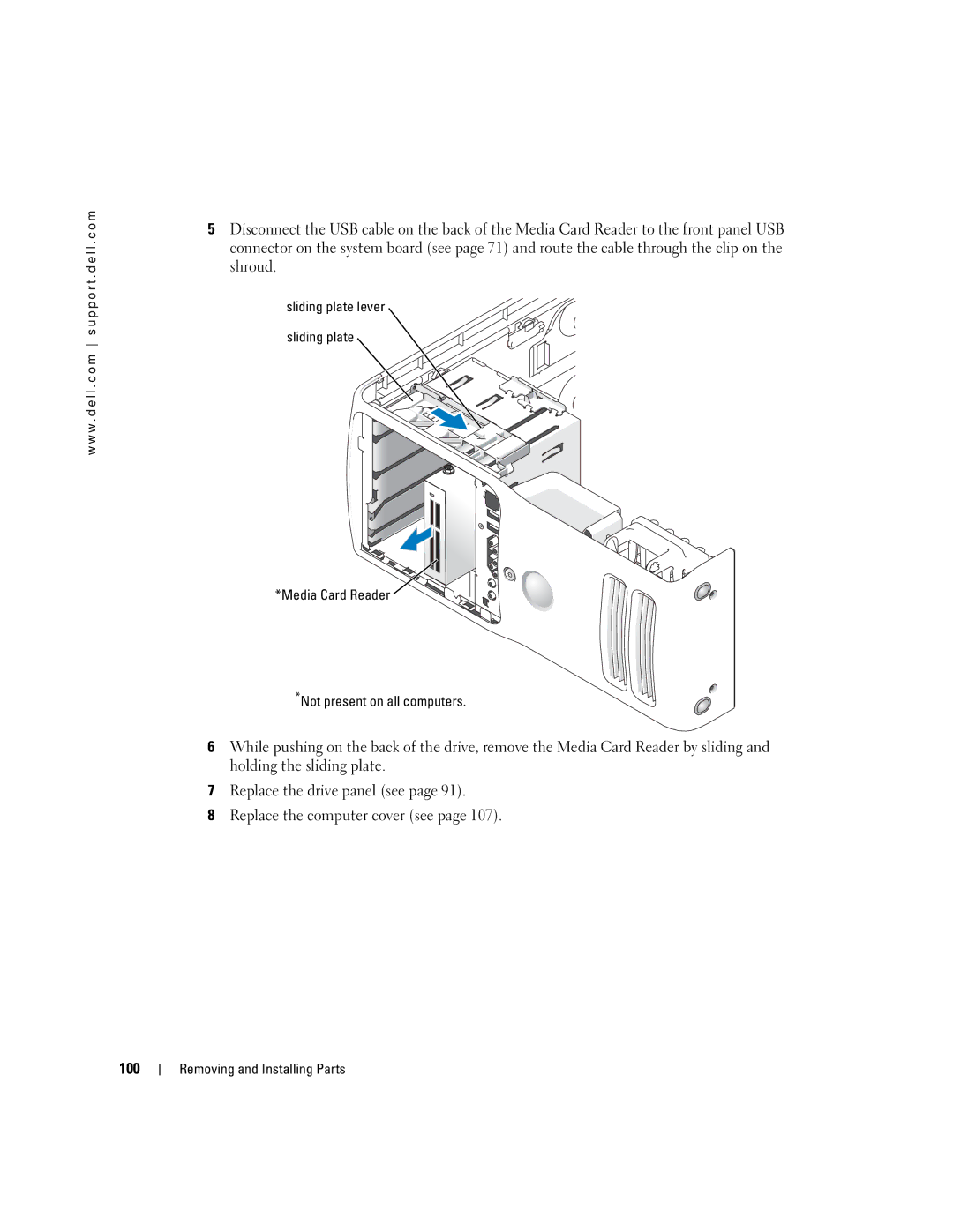 Dell XPS 400 owner manual 100, Media Card Reader Not present on all computers 