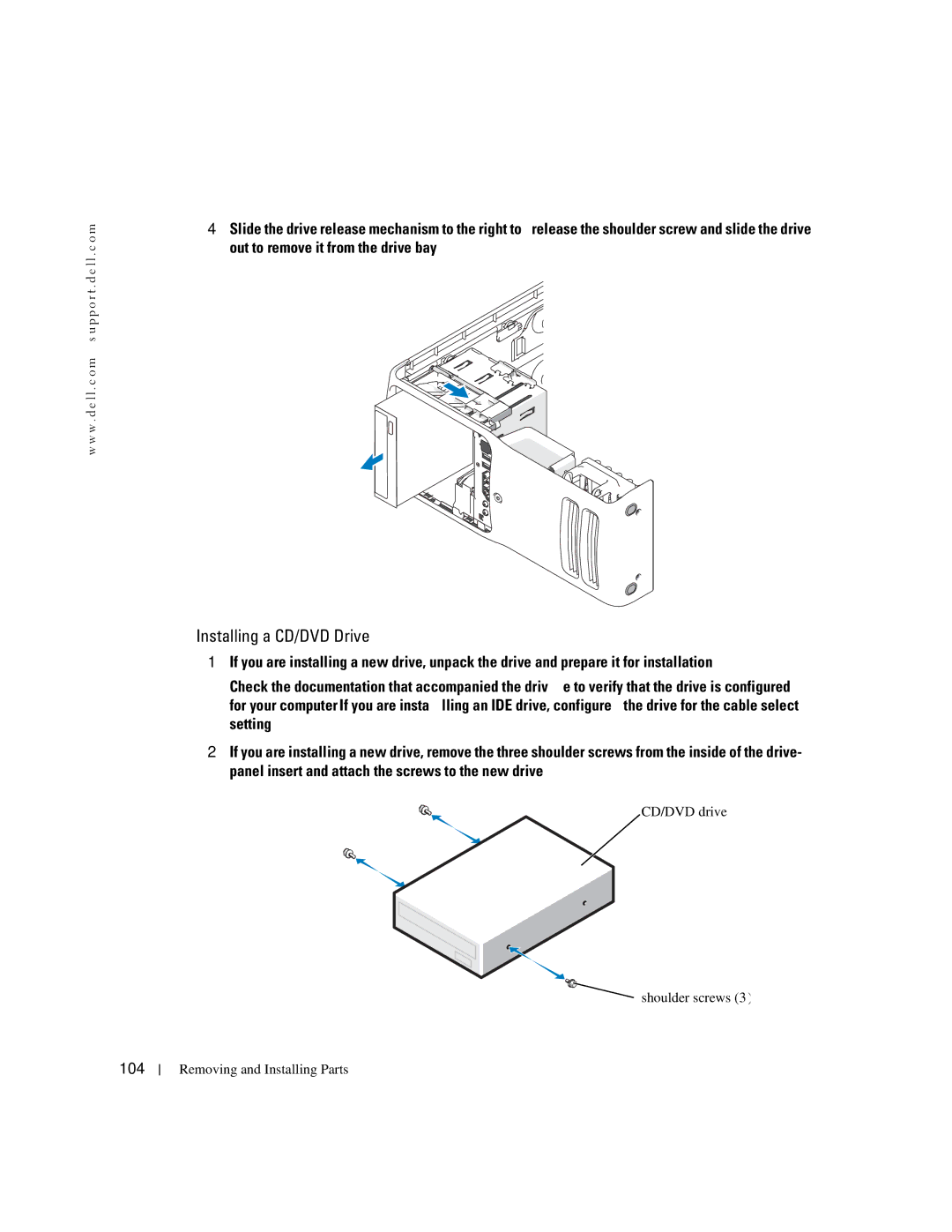 Dell XPS 400 owner manual Installing a CD/DVD Drive, 104, CD/DVD drive Shoulder screws 