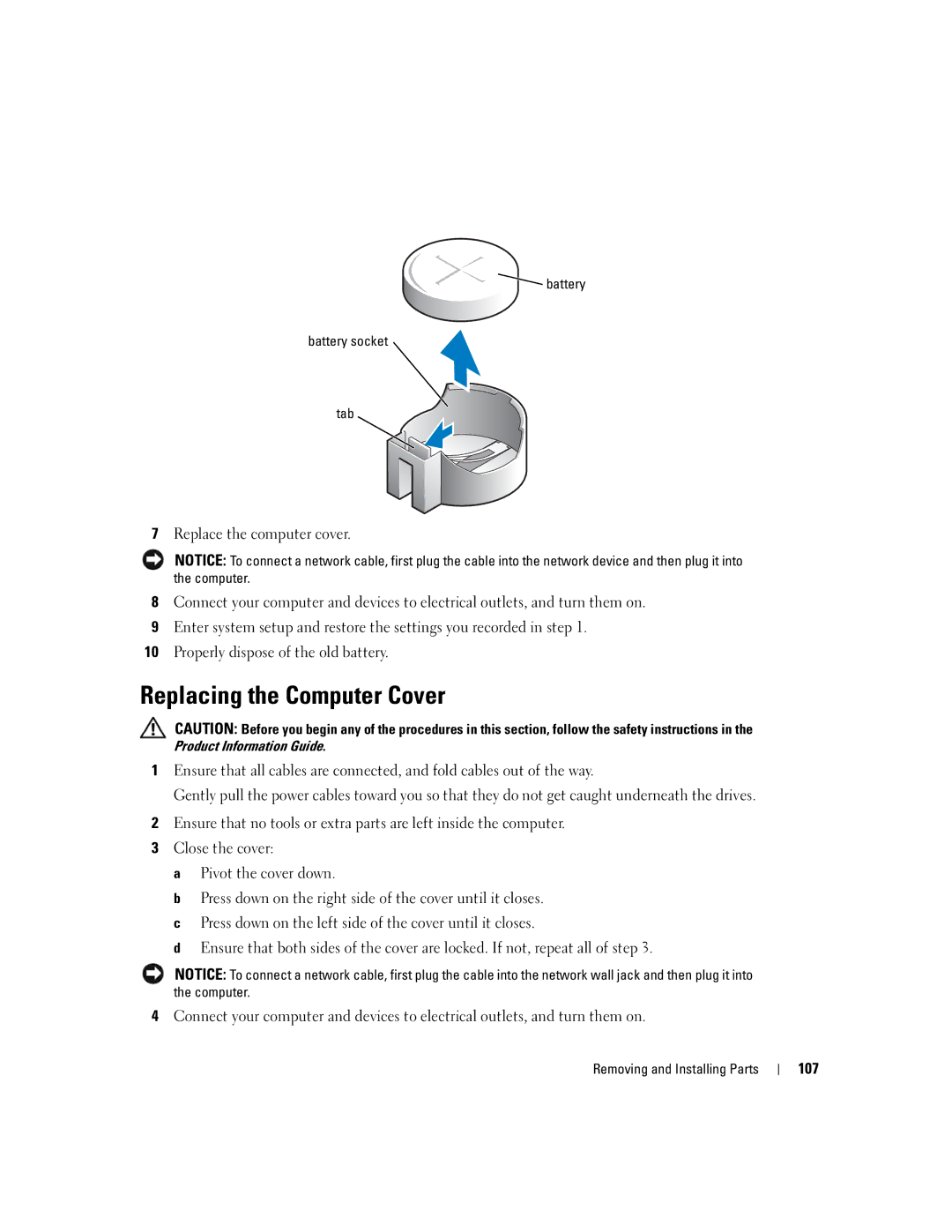 Dell XPS 400 owner manual Replacing the Computer Cover, 107, Battery Battery socket Tab 