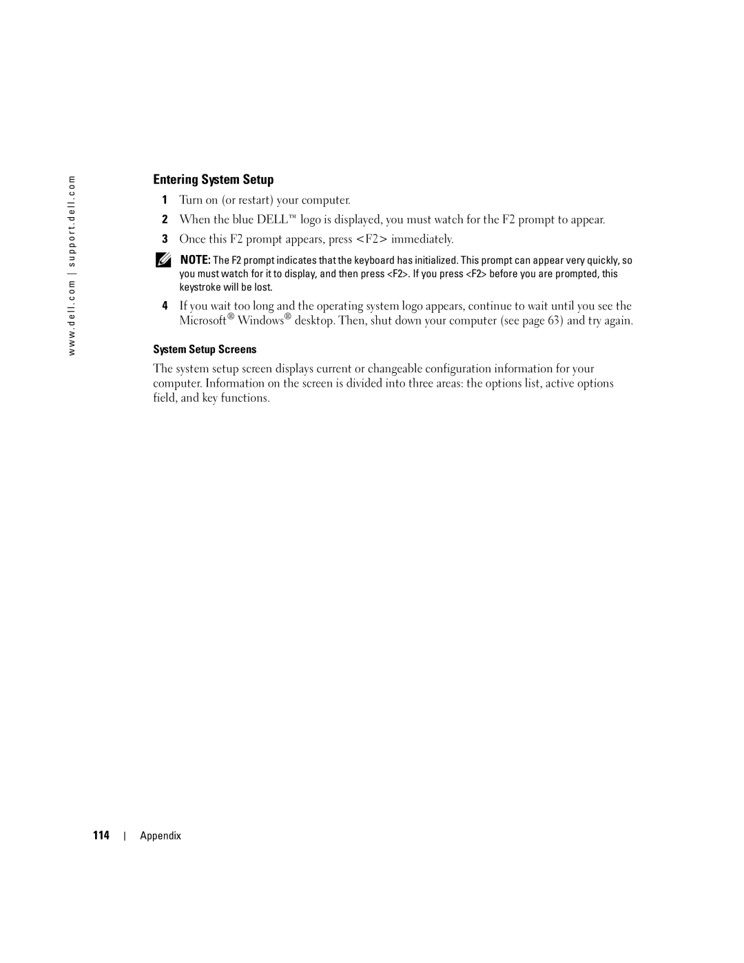 Dell XPS 400 owner manual Entering System Setup, System Setup Screens, 114 