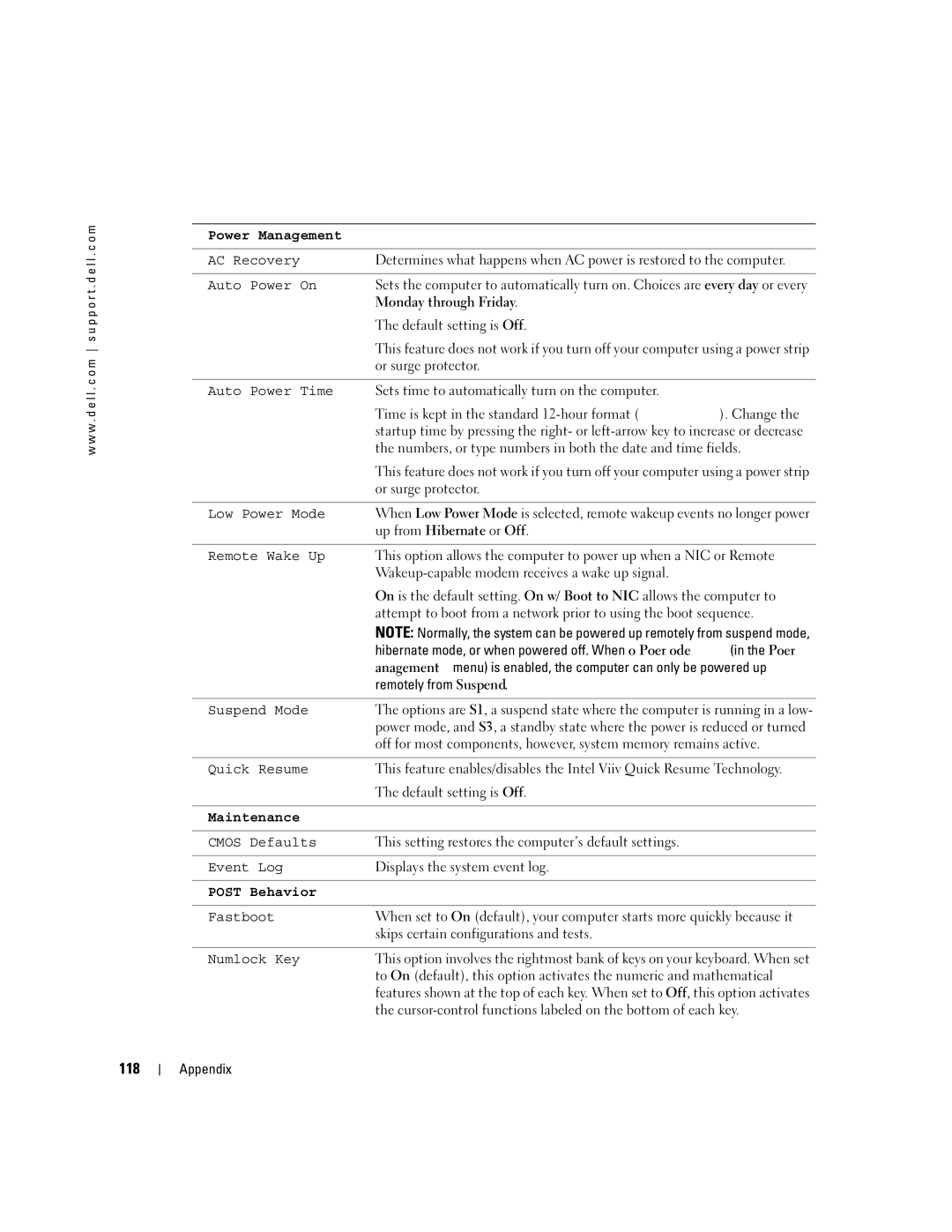 Dell XPS 400 owner manual 118, Monday through Friday, Up from Hibernate or Off, Remotely from Suspend 