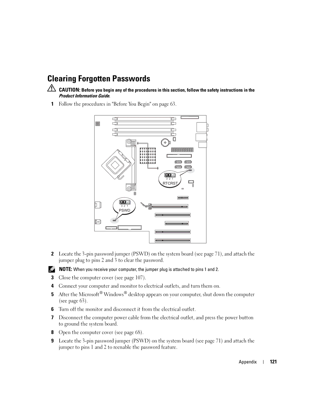 Dell XPS 400 owner manual Clearing Forgotten Passwords, 121 