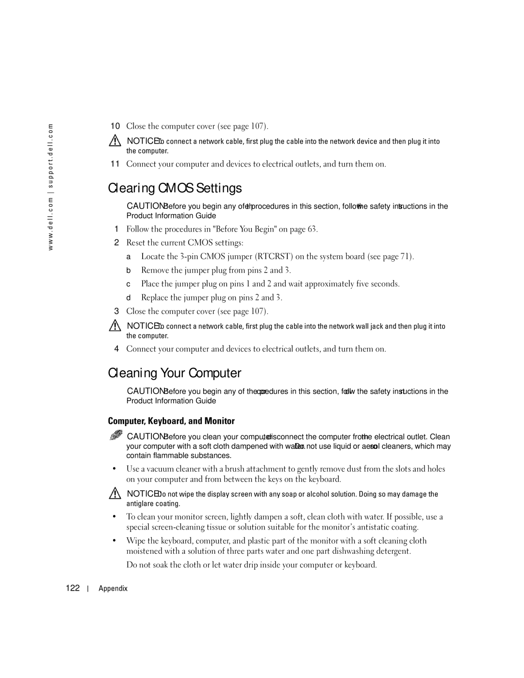 Dell XPS 400 owner manual Clearing Cmos Settings, Cleaning Your Computer, Computer, Keyboard, and Monitor, 122 