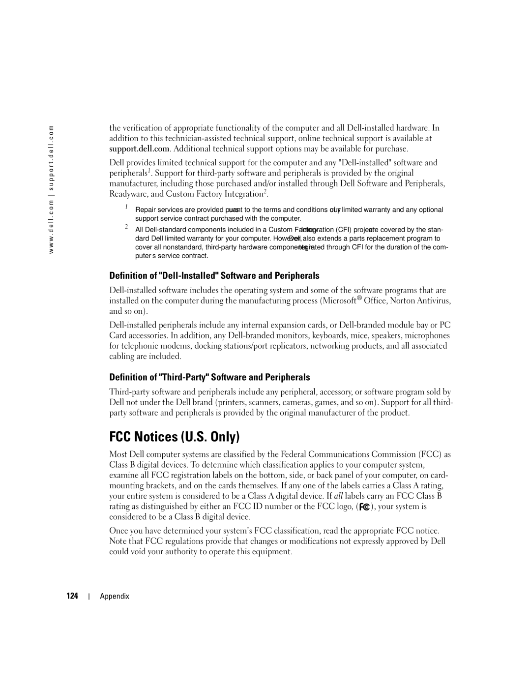 Dell XPS 400 owner manual FCC Notices U.S. Only, Definition of Dell-Installed Software and Peripherals, 124 